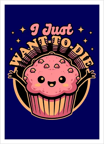 Muffin Dark Humor - Muffin, Die, Death, Dark, Dark Comedy, Dark Humor, Darkness, Cute, Adorable, Fast Food, Food, Junk Food, Cake, Cupcakes, Cupcake, Snacks, Snack, Snack Time, Snacking, Dessert, Irony, Sarcasm, Sarcastic, Sarcastic Art, Sarcastic Humor, Jokes, Joke, Healthy, Smile, Happy, Sadness, Sad, Happiness, Depressed, Depression - Artprint