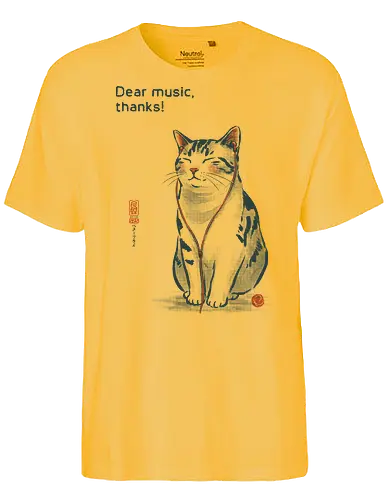 Dear Music, thanks! - cat, music, headphones, funny, vintage, retro, japanese, earphone, song, audiophile, quote, wholesome, cute, mood, relaxed - Fairtrade T-Shirt