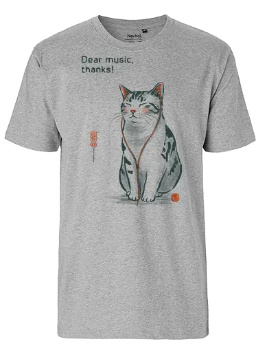 Dear Music, thanks! - cat, music, headphones, funny, vintage, retro, japanese, earphone, song, audiophile, quote, wholesome, cute, mood, relaxed - Fairtrade T-Shirt