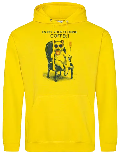 Enjoy Your Fucking Coffee! - caffeine, cat, coffee, funny, sarcastic, vintage, retro, japanese, adult humor, coffee lover, swear word, sunglasses, quote, mood, cool - Standard Hoodie