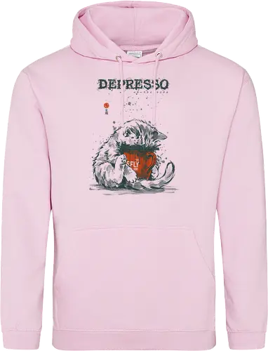 Depresso - cat, espresso, depresso, coffee, funny, vintage, retro, japanese, dark humor, coffee lover, mood, caffeine, sad cat, monday, quote, sarcastic - Standard Hoodie