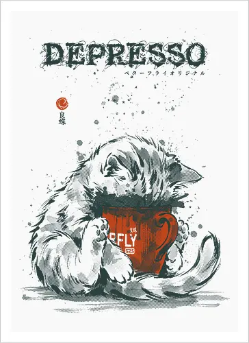 Depresso - cat, espresso, depresso, coffee, funny, vintage, retro, japanese, dark humor, coffee lover, mood, caffeine, sad cat, monday, quote, sarcastic - Artprint