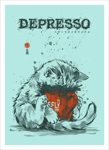 Depresso - cat, espresso, depresso, coffee, funny, vintage, retro, japanese, dark humor, coffee lover, mood, caffeine, sad cat, monday, quote, sarcastic - Artprint