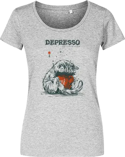 Depresso - cat, espresso, depresso, coffee, funny, vintage, retro, japanese, dark humor, coffee lover, mood, caffeine, sad cat, monday, quote, sarcastic - Women T-Shirt
