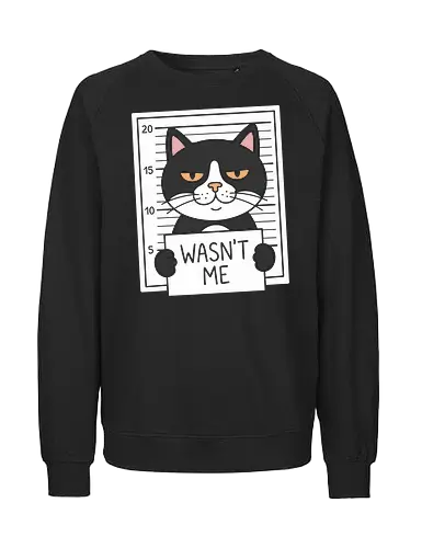 Guilty Paws: The Cat Mugshot - funny cat lover gift, funny cat shirt, cat mugshot graphic tee, grumpy cat apparel, wasnt me quote clothing, sarcastic animal streetwear, tuxedo cat design, cute pet meme merch, minimalist animal fashion, guilty cat illustration - Fairtrade Sweatshirt
