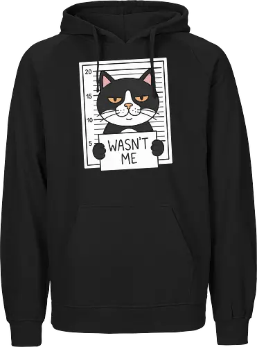 Guilty Paws: The Cat Mugshot - funny cat lover gift, funny cat shirt, cat mugshot graphic tee, grumpy cat apparel, wasnt me quote clothing, sarcastic animal streetwear, tuxedo cat design, cute pet meme merch, minimalist animal fashion, guilty cat illustration - Fairtrade Hoodie
