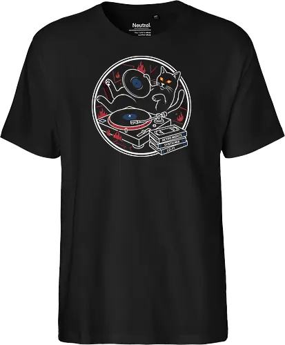 Midnight Mix: The DJ Cat - grunge fashion tee, vintage cassette graphic, edgy feline merch, DJ cat shirt, vinyl record graphic tee, retro music apparel, lo-fi aesthetic streetwear, indie music clothing, turntable design, negative space cat art - Fairtrade T-Shirt
