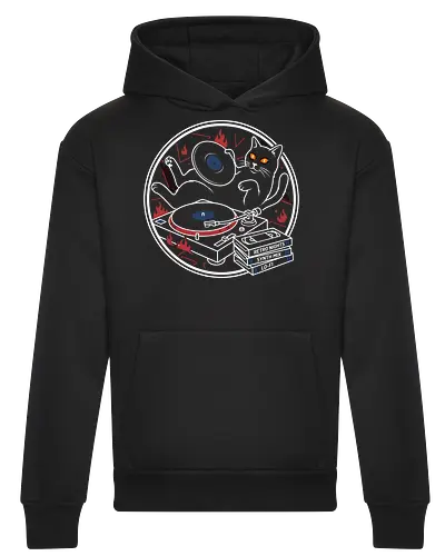 Midnight Mix: The DJ Cat - grunge fashion tee, vintage cassette graphic, edgy feline merch, DJ cat shirt, vinyl record graphic tee, retro music apparel, lo-fi aesthetic streetwear, indie music clothing, turntable design, negative space cat art - Heavyweight Hoodie
