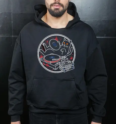 Midnight Mix: The DJ Cat - grunge fashion tee, vintage cassette graphic, edgy feline merch, DJ cat shirt, vinyl record graphic tee, retro music apparel, lo-fi aesthetic streetwear, indie music clothing, turntable design, negative space cat art - Cropped Hoodie