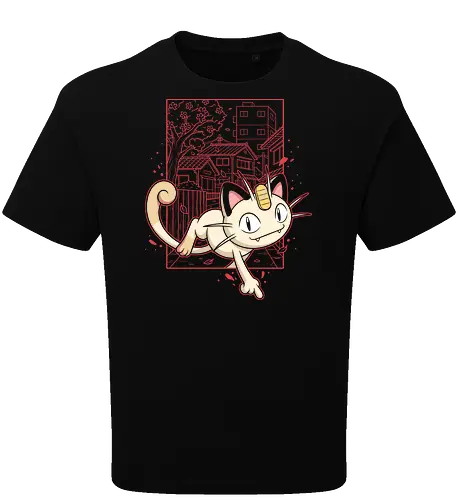 Coin Cat Run: The Midnight Stroll - Meowth shirt, retro Japanese streetwear, anime cat graphic tee, pocket monster apparel, lo-fi city pop design, 90s gaming nostalgia, Japanese suburb aesthetic, cherry blossom anime clothing, minimalist otaku fashion, vintage manga style tee - Oversize T-Shirt