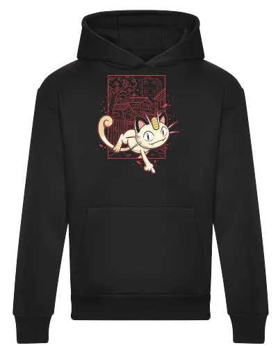 Coin Cat Run: The Midnight Stroll - Meowth shirt, retro Japanese streetwear, anime cat graphic tee, pocket monster apparel, lo-fi city pop design, 90s gaming nostalgia, Japanese suburb aesthetic, cherry blossom anime clothing, minimalist otaku fashion, vintage manga style tee - Heavyweight Hoodie