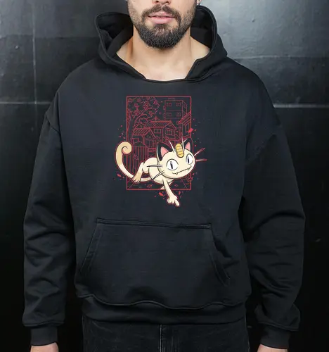 Coin Cat Run: The Midnight Stroll - Meowth shirt, retro Japanese streetwear, anime cat graphic tee, pocket monster apparel, lo-fi city pop design, 90s gaming nostalgia, Japanese suburb aesthetic, cherry blossom anime clothing, minimalist otaku fashion, vintage manga style tee - Cropped Hoodie