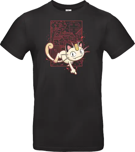 Coin Cat Run: The Midnight Stroll - Meowth shirt, retro Japanese streetwear, anime cat graphic tee, pocket monster apparel, lo-fi city pop design, 90s gaming nostalgia, Japanese suburb aesthetic, cherry blossom anime clothing, minimalist otaku fashion, vintage manga style tee - Standard T-Shirt