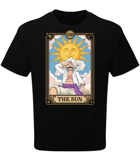 The Sun Arcana: Warrior of Liberation - Luffy Gear 5 shirt, Joy Boy apparel, One Piece aesthetic streetwear, shonen manga clothing, retro anime tarot design, Pirate King graphic shirt, witchy otaku fashion, Sun God Nika merch, anime tarot card graphic, The Sun major arcana tee - Oversize T-Shirt