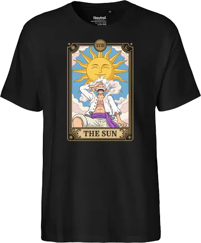 The Sun Arcana: Warrior of Liberation - Luffy Gear 5 shirt, Joy Boy apparel, One Piece aesthetic streetwear, shonen manga clothing, retro anime tarot design, Pirate King graphic shirt, witchy otaku fashion, Sun God Nika merch, anime tarot card graphic, The Sun major arcana tee - Fairtrade T-Shirt