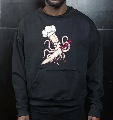 The Kraken Chef: Master of the Blade - funny chef shirt, squid graphic tee, kraken cook apparel, culinary streetwear, kitchen knife design, seafood lover clothing, badass octopus tee, sushi chef merch, tattoo style sea creature, foodie graphic fashion - Cropped Sweatshirt