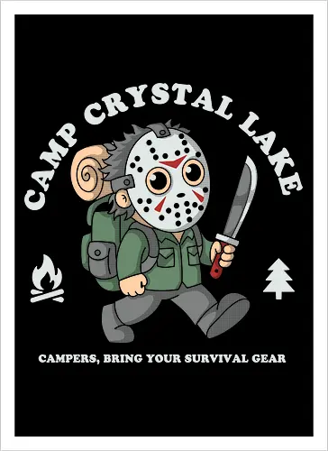 Camp Crystal Lake - horrorfan, horror, slasher, camping, camper, survival, terror, retro, vintage, scary, halloween, camp, forest, adventure, humor, funny, nostalgia, 80s, movie, cinema, popculture, outdoors, nature, spooky, creepy, survivalist, campsite, illustration, cartoon, geek - Artprint