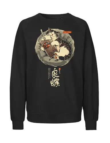 Boba Cat - cat lover, sleeping cat, art print, cozy, aesthetic, cat, boba, funny, vintage, retro, japanese, cute, boba tea, bubble tea, kawaii - Fairtrade Sweatshirt