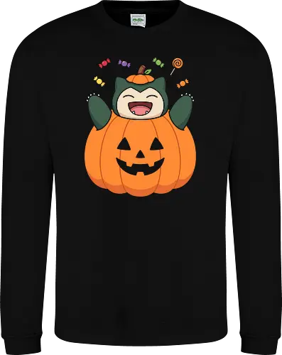 Halloween Treats: The Pumpkin Monster - Snorlax Halloween shirt, Pokemon pumpkin graphic tee, cute pocket monster apparel, kawaii trick or treat streetwear, nostalgic 90s gamer clothing, funny anime autumn design, aesthetic Halloween merch, sweet tooth monster shirt, retro gaming festive fashion, Jack o lantern anime tee - Sweatshirt