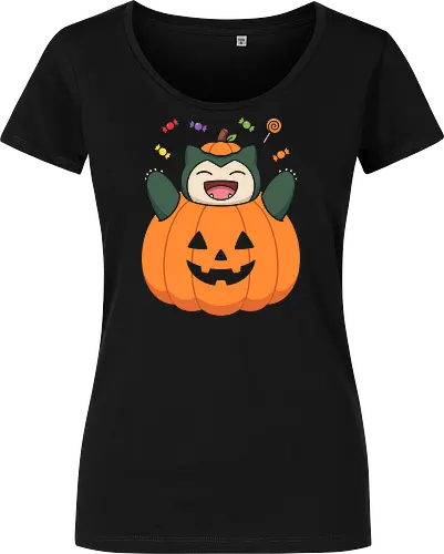 Halloween Treats: The Pumpkin Monster - Snorlax Halloween shirt, Pokemon pumpkin graphic tee, cute pocket monster apparel, kawaii trick or treat streetwear, nostalgic 90s gamer clothing, funny anime autumn design, aesthetic Halloween merch, sweet tooth monster shirt, retro gaming festive fashion, Jack o lantern anime tee - Women T-Shirt