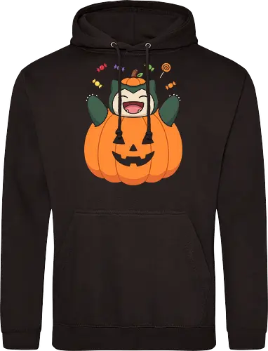 Halloween Treats: The Pumpkin Monster - Snorlax Halloween shirt, Pokemon pumpkin graphic tee, cute pocket monster apparel, kawaii trick or treat streetwear, nostalgic 90s gamer clothing, funny anime autumn design, aesthetic Halloween merch, sweet tooth monster shirt, retro gaming festive fashion, Jack o lantern anime tee - Standard Hoodie