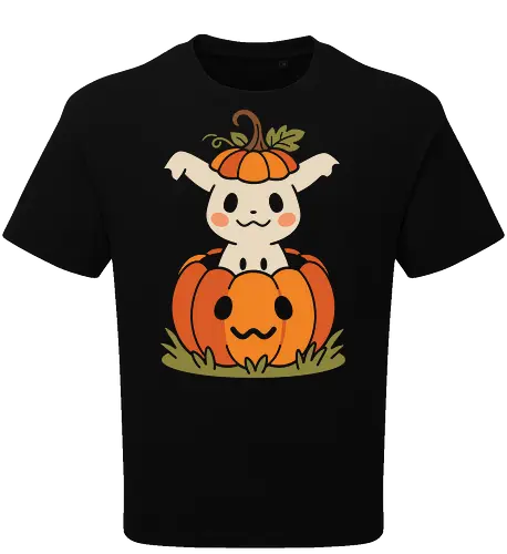 Pumpkin Patch Peekaboo: The Ghostly Mimic - Mimikyu Halloween shirt, cute ghost Pokemon tee, kawaii pumpkin graphic apparel, anime autumn streetwear, nostalgic gamer clothing, spooky cute monster merch, Jack o lantern design, aesthetic fall fashion, minimalist pop culture shirt, Japanese gaming nostalgia - Oversize T-Shirt