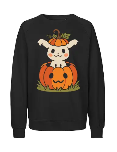 Pumpkin Patch Peekaboo: The Ghostly Mimic - Mimikyu Halloween shirt, cute ghost Pokemon tee, kawaii pumpkin graphic apparel, anime autumn streetwear, nostalgic gamer clothing, spooky cute monster merch, Jack o lantern design, aesthetic fall fashion, minimalist pop culture shirt, Japanese gaming nostalgia - Fairtrade Sweatshirt