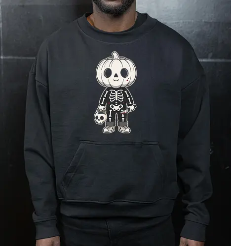 Trick or Treat: The Little Slasher - creepy cute halloween shirt, pumpkin head kid graphic, skeleton costume apparel, funny slasher streetwear, spooky trick or treat tee, pastel goth halloween clothing, dark humor aesthetic, cute horror merch, aesthetic autumn fashion, knife wielding pumpkin boy - Cropped Sweatshirt