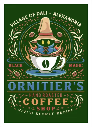 Ornitier Coffee Vintage - ff14, Cloud, Villain, video game, fat chocobo, vivi ornitier, black mage, quina quen, Cactus, Kupo, Kweh, ff9, final 9, fantasy - Artprint