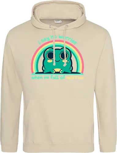 Full of Worries - stare, look, smile, thoughts, saying, phrase, Sorgen, Frosch, keine Sorgen, worries, worrying, worry, frog, rainbow, no worries - Standard Hoodie