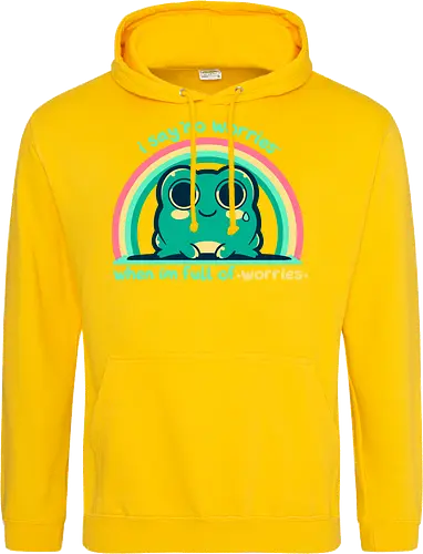 Full of Worries - stare, look, smile, thoughts, saying, phrase, Sorgen, Frosch, keine Sorgen, worries, worrying, worry, frog, rainbow, no worries - Standard Hoodie