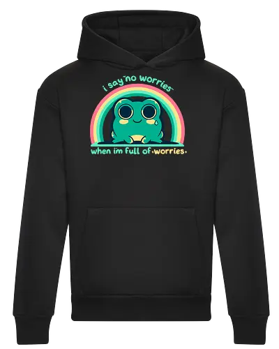 Full of Worries - stare, look, smile, thoughts, saying, phrase, Sorgen, Frosch, keine Sorgen, worries, worrying, worry, frog, rainbow, no worries - Heavyweight Hoodie