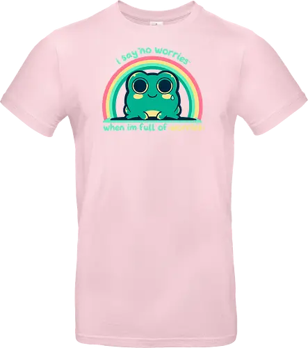 Full of Worries - stare, look, smile, thoughts, saying, phrase, Sorgen, Frosch, keine Sorgen, worries, worrying, worry, frog, rainbow, no worries - Standard T-Shirt
