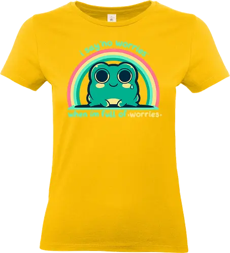 Full of Worries - stare, look, smile, thoughts, saying, phrase, Sorgen, Frosch, keine Sorgen, worries, worrying, worry, frog, rainbow, no worries - Standard T-Shirt (Women)