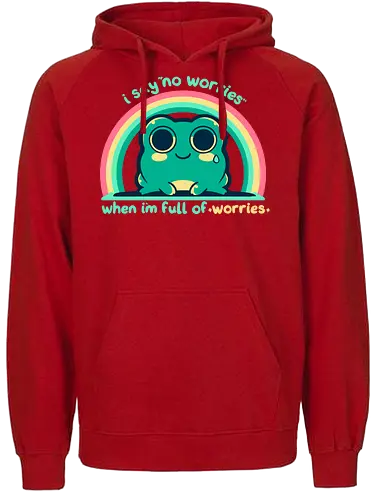 Full of Worries - stare, look, smile, thoughts, saying, phrase, Sorgen, Frosch, keine Sorgen, worries, worrying, worry, frog, rainbow, no worries - Fairtrade Hoodie