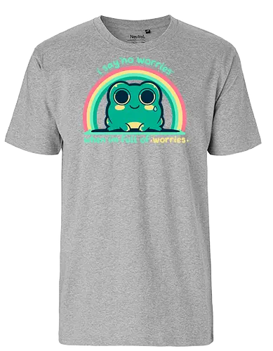 Full of Worries - stare, look, smile, thoughts, saying, phrase, Sorgen, Frosch, keine Sorgen, worries, worrying, worry, frog, rainbow, no worries - Fairtrade T-Shirt