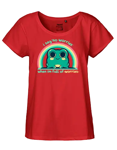 Full of Worries - stare, look, smile, thoughts, saying, phrase, Sorgen, Frosch, keine Sorgen, worries, worrying, worry, frog, rainbow, no worries - Fairtrade Girl Shirt