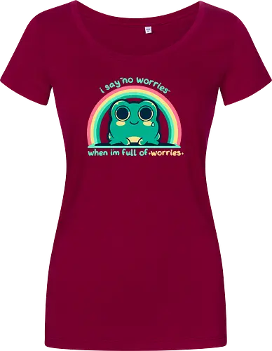 Full of Worries - stare, look, smile, thoughts, saying, phrase, Sorgen, Frosch, keine Sorgen, worries, worrying, worry, frog, rainbow, no worries - Women T-Shirt