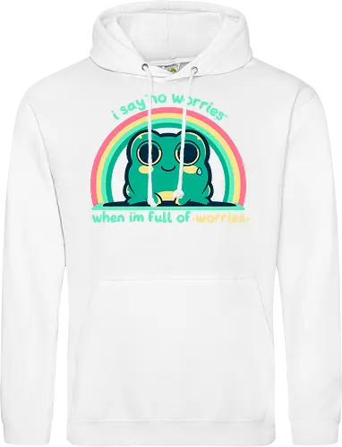 Full of Worries - stare, look, smile, thoughts, saying, phrase, Sorgen, Frosch, keine Sorgen, worries, worrying, worry, frog, rainbow, no worries - Standard Hoodie