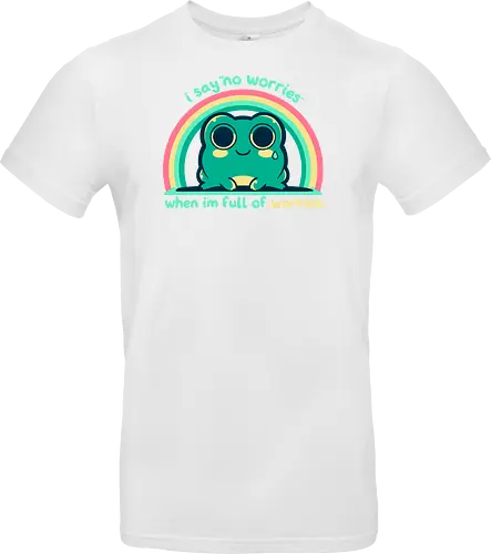 Full of Worries - stare, look, smile, thoughts, saying, phrase, Sorgen, Frosch, keine Sorgen, worries, worrying, worry, frog, rainbow, no worries - Standard T-Shirt