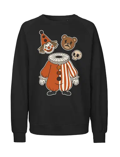Pick Your Persona: The Vintage Harlequin - vintage clown shirt, weirdcore graphic tee, clowncore aesthetic apparel, creepy cute circus clothing, headless jester design, sad bear and skull, alternative halloween fashion, retro harlequin streetwear, macabre pop art tee, quirky identity graphic - Fairtrade Sweatshirt