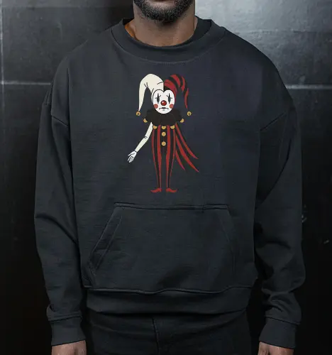 Tears of the Harlequin: The Sad Jester - sad jester shirt, vintage harlequin graphic tee, clowncore aesthetic apparel, dark academia circus clothing, creepy cute clown design, split color gothic fashion, melancholic pop art tee, alternative streetwear merch, classic sad clown graphic, aesthetic negative space art - Cropped Sweatshirt