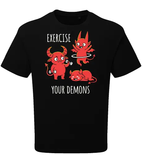 Exercise Your Demons: The Workout Crew - funny workout shirt, exercise your demons graphic tee, cute demon apparel, sarcastic gym clothing, fitness humor streetwear, relatable workout merch, chubby demon design, edgy fitness fashion, funny fitness motivation, kawaii hell graphic - Oversize T-Shirt