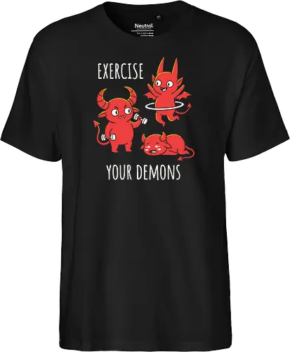 Exercise Your Demons: The Workout Crew - funny workout shirt, exercise your demons graphic tee, cute demon apparel, sarcastic gym clothing, fitness humor streetwear, relatable workout merch, chubby demon design, edgy fitness fashion, funny fitness motivation, kawaii hell graphic - Fairtrade T-Shirt