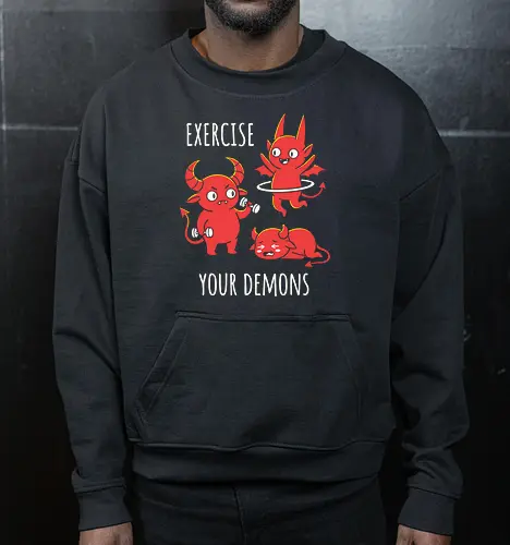 Exercise Your Demons: The Workout Crew - funny workout shirt, exercise your demons graphic tee, cute demon apparel, sarcastic gym clothing, fitness humor streetwear, relatable workout merch, chubby demon design, edgy fitness fashion, funny fitness motivation, kawaii hell graphic - Cropped Sweatshirt