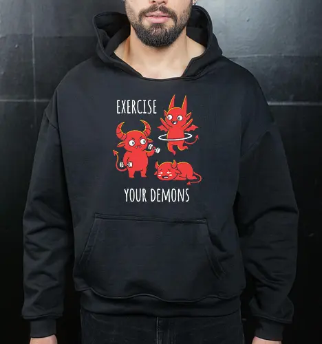 Exercise Your Demons: The Workout Crew - funny workout shirt, exercise your demons graphic tee, cute demon apparel, sarcastic gym clothing, fitness humor streetwear, relatable workout merch, chubby demon design, edgy fitness fashion, funny fitness motivation, kawaii hell graphic - Cropped Hoodie