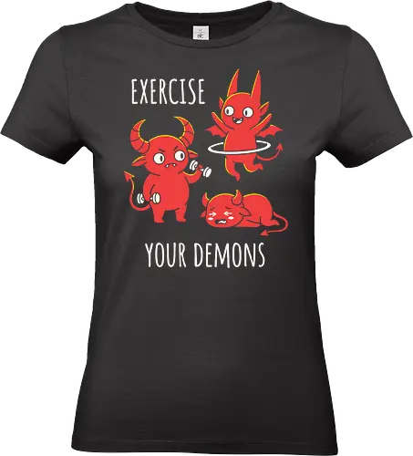 Exercise Your Demons: The Workout Crew - funny workout shirt, exercise your demons graphic tee, cute demon apparel, sarcastic gym clothing, fitness humor streetwear, relatable workout merch, chubby demon design, edgy fitness fashion, funny fitness motivation, kawaii hell graphic - Standard T-Shirt (Women)