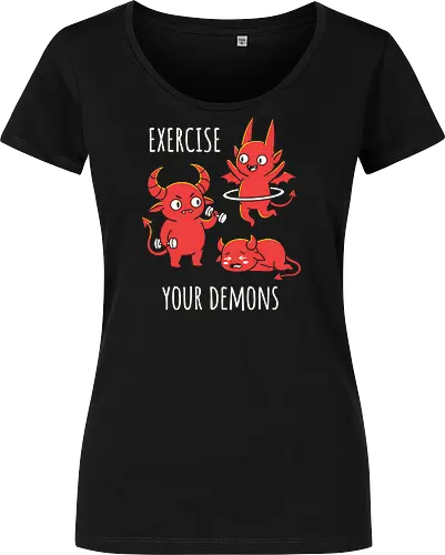Exercise Your Demons: The Workout Crew - funny workout shirt, exercise your demons graphic tee, cute demon apparel, sarcastic gym clothing, fitness humor streetwear, relatable workout merch, chubby demon design, edgy fitness fashion, funny fitness motivation, kawaii hell graphic - Women T-Shirt