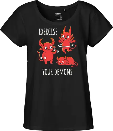Exercise Your Demons: The Workout Crew - funny workout shirt, exercise your demons graphic tee, cute demon apparel, sarcastic gym clothing, fitness humor streetwear, relatable workout merch, chubby demon design, edgy fitness fashion, funny fitness motivation, kawaii hell graphic - Fairtrade Girl Shirt