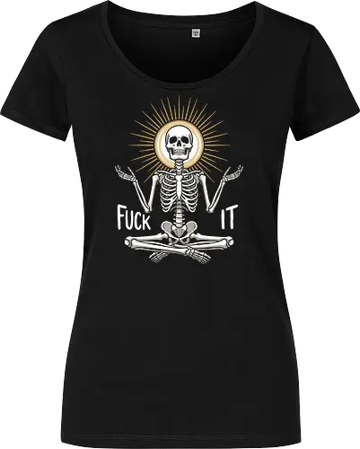 Eternal Zen: The Meditating Skeleton - meditating skeleton shirt, zen yoga graphic tee, inner peace apparel, spiritual skull streetwear, dark aesthetic clothing, minimalist gothic fashion, holy halo design, negative space skeleton art, alternative mindfulness merch, eternal zen graphic - Women T-Shirt